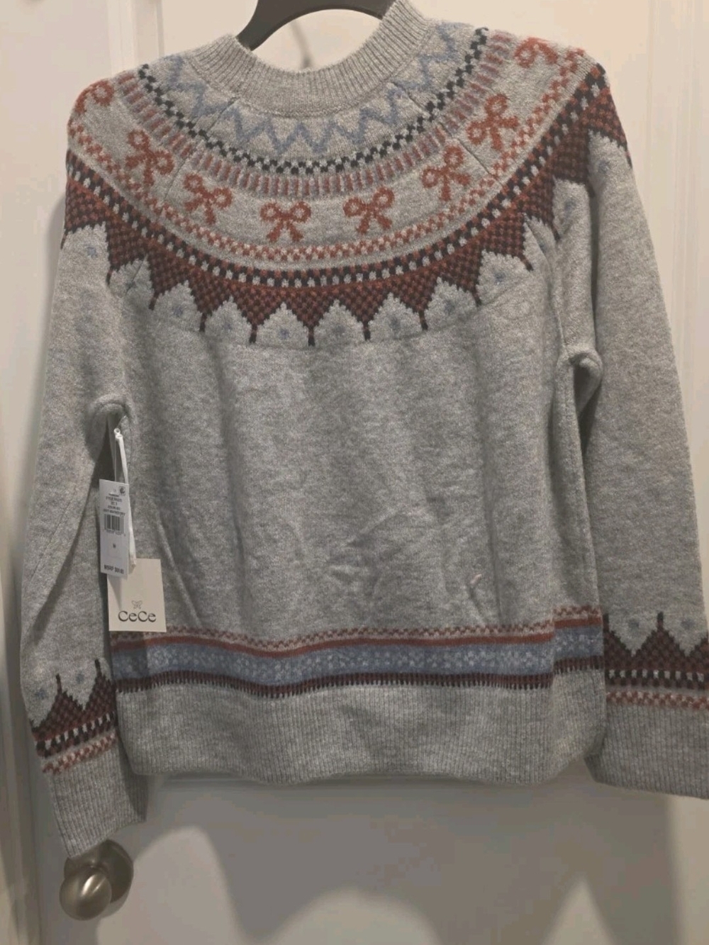 CeCe Light Gray Fair Isle Crewneck Sweater with Rust & Light Heather Accents